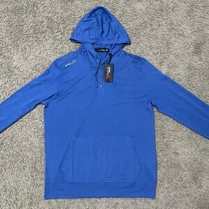 RLX Ralph Lauren Hoodie Mens Medium Blue Henley Golf Pullover Kangaroo Pockets